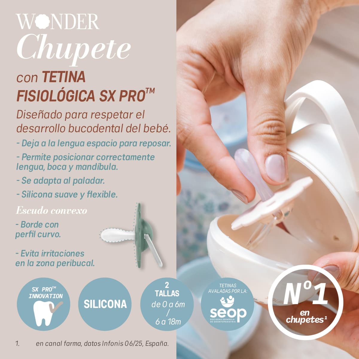 Suavinex, Chupete Bebés 0/6 Meses y Recién Nacidos, Tetina Fisiológica de Silicona SX Pro, Simétrica, Plana y Flexible, Respeta el Desarrollo Bucodental, Forma Redonda con Anilla, Wonder Azul Liso — view 3