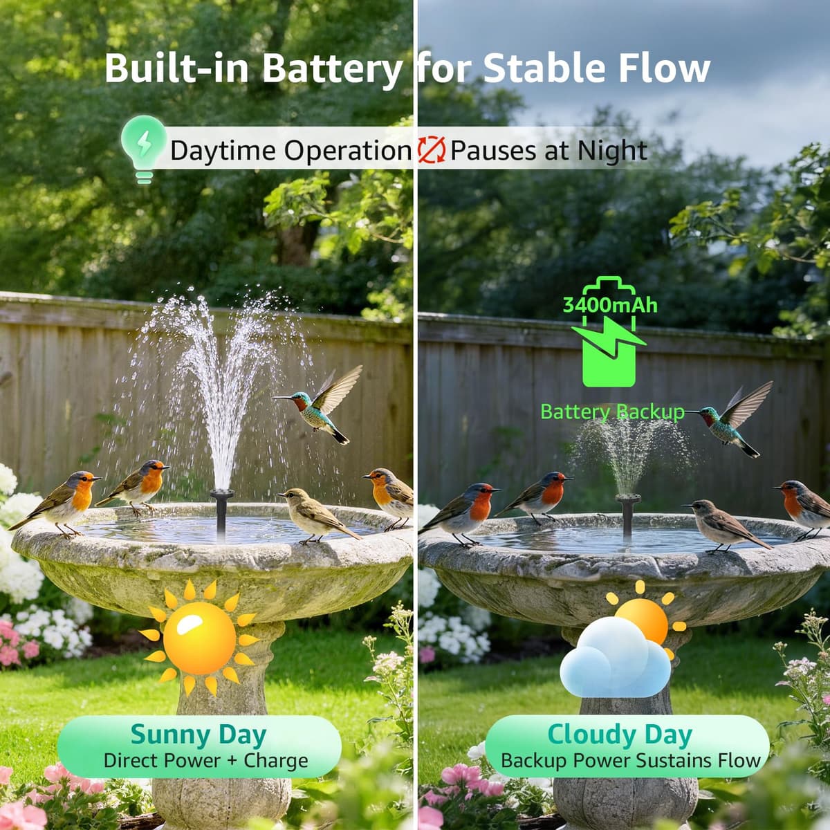 PONDIA Solar Fountain Pump with Battery Backup, 8.5W Solar Water Pump Built-in 3400mAh Battery, 7 Spray Modes & 5Ft PVC Tubing with Floating Pad for Small Pond, Garden Water Feature, Bird Bath — view 3