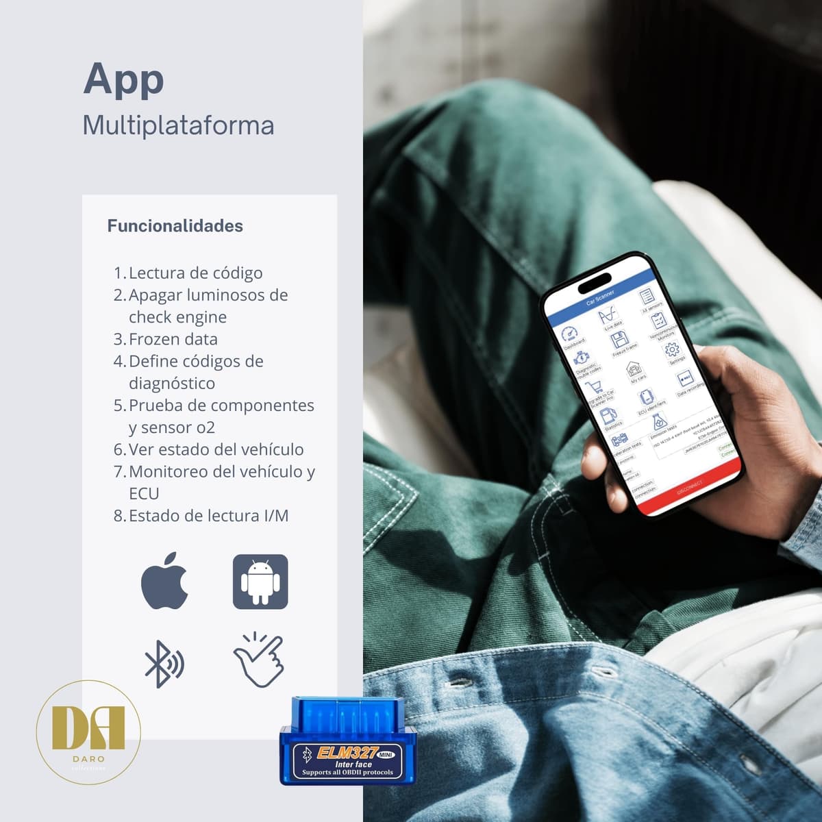 DARO OBD2 Bluetooth ELM327 – Multi-brand Car Diagnosis Reader and Machine in Spanish – OBD2 Diagnosis Scanner Compatible with Android and iOS – Set with External Flashlight to Locate OBD Port — view 8