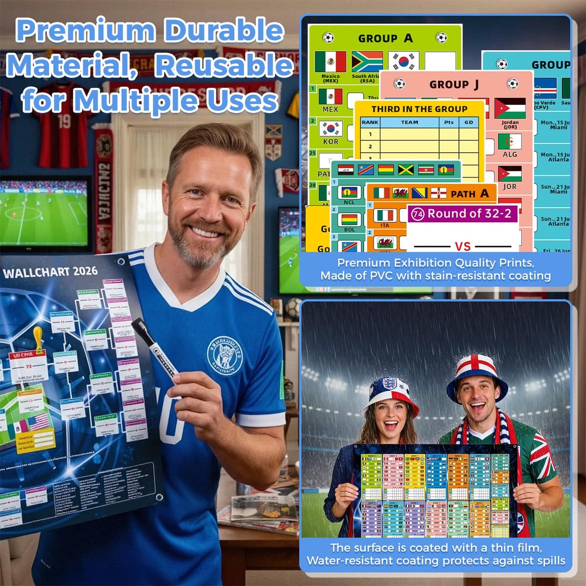 Kunoli 2026 FIFA World Cup Schedule Poster - 48 Teams Tournament Wall Chart, 2-in-1 Double-Sided Match Fixtures & Team Info, A1 Size 84x57cm, PVC Material, Football Party Decor & Fan Gift — view 3