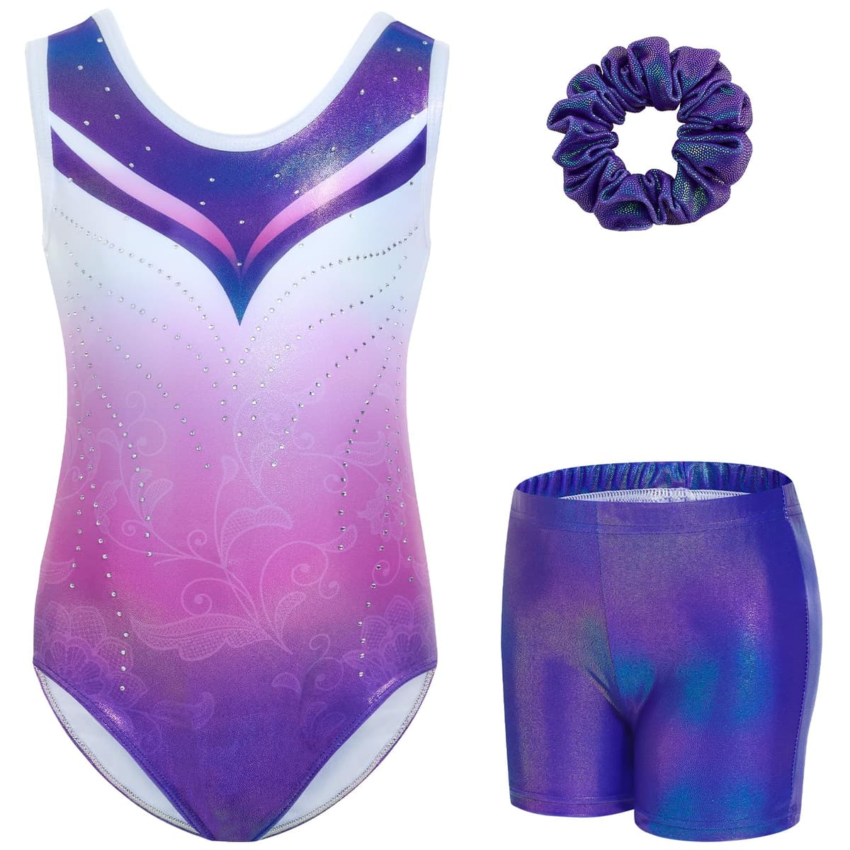 Gogokids Conjunto de gimnasia de tres piezas para niña, cuello en Y, sin mangas, con pantalones cortos y diadema, traje de gimnasia con diseño de bloques de color azul y morado, 3-12 años — view 32