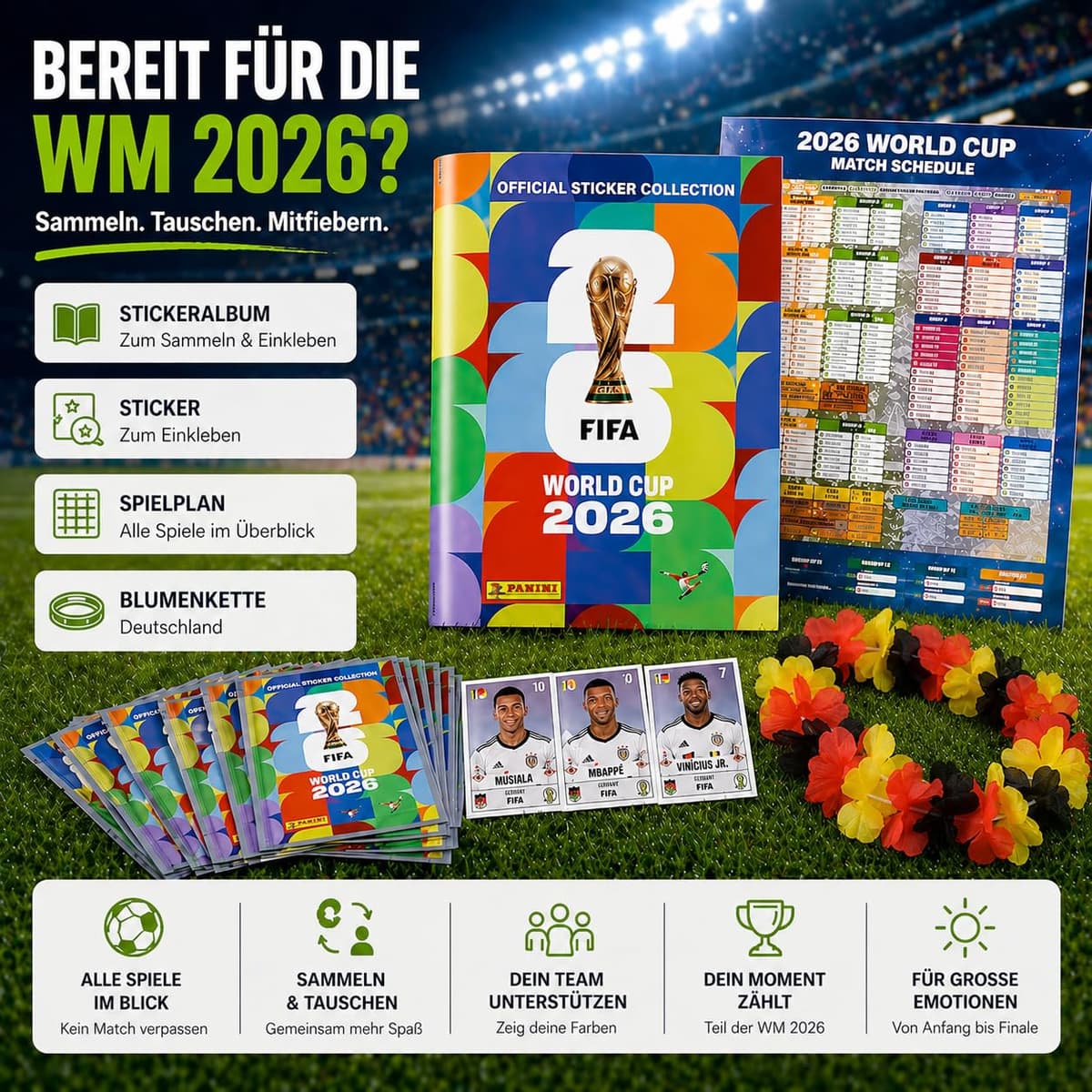 Set Panini Copa Mundial 2026 Álbum & Stickers – Tarjetas de Fútbol Coleccionables con Calendario de Partidos, Collar de Flores Alemania & Álbum Panini (10 Sobres / 70 Stickers) — view 2