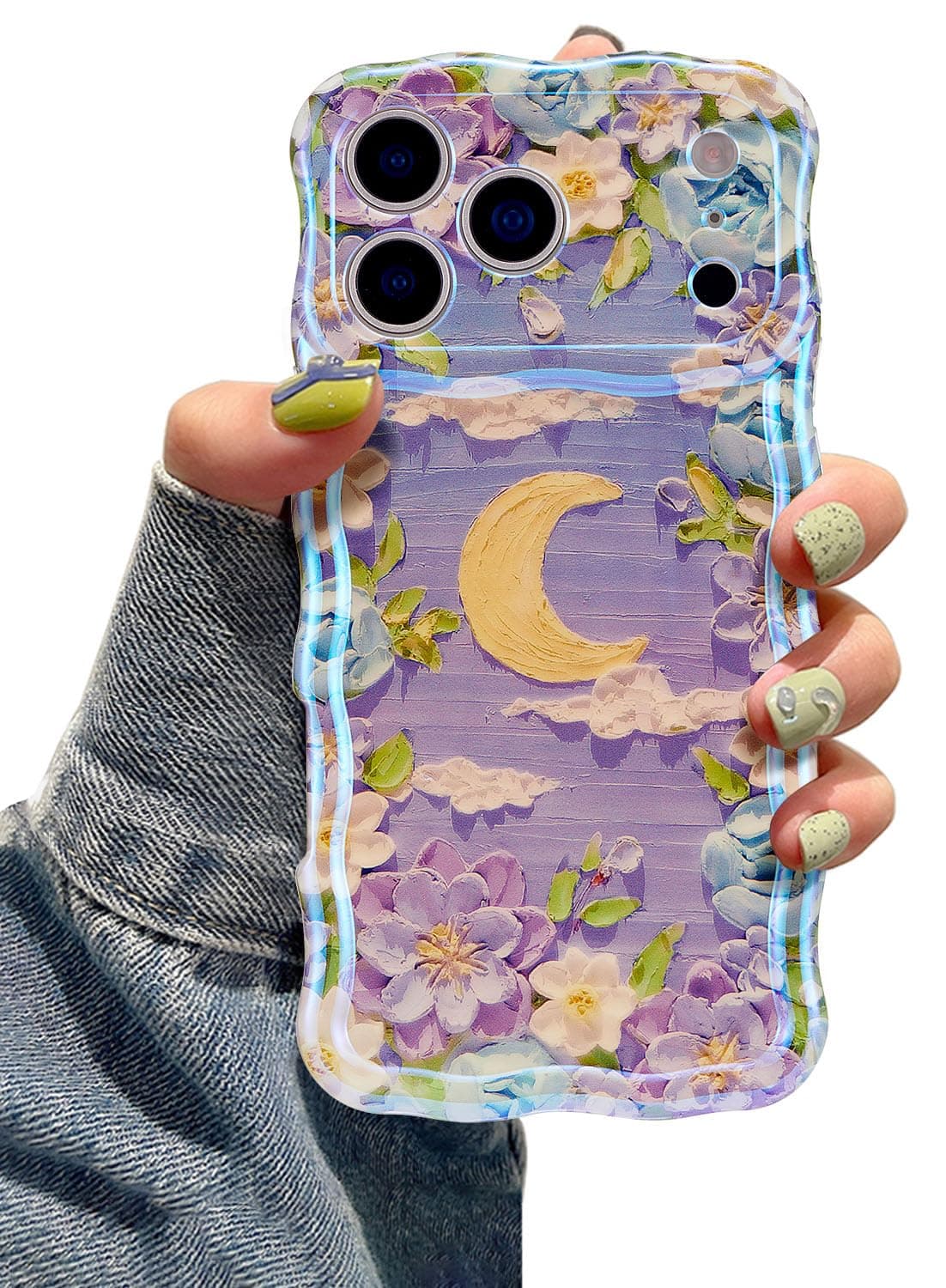 EYZUTAK Case for iPhone 17 Pro, Colorful Retro Oil Painting Printed Flower Laser Glossy Pattern Cute Curly Wave Edge Exquisite Phone Cover Stylish Durable TPU Protective Case for Girl Women-Green — view 65