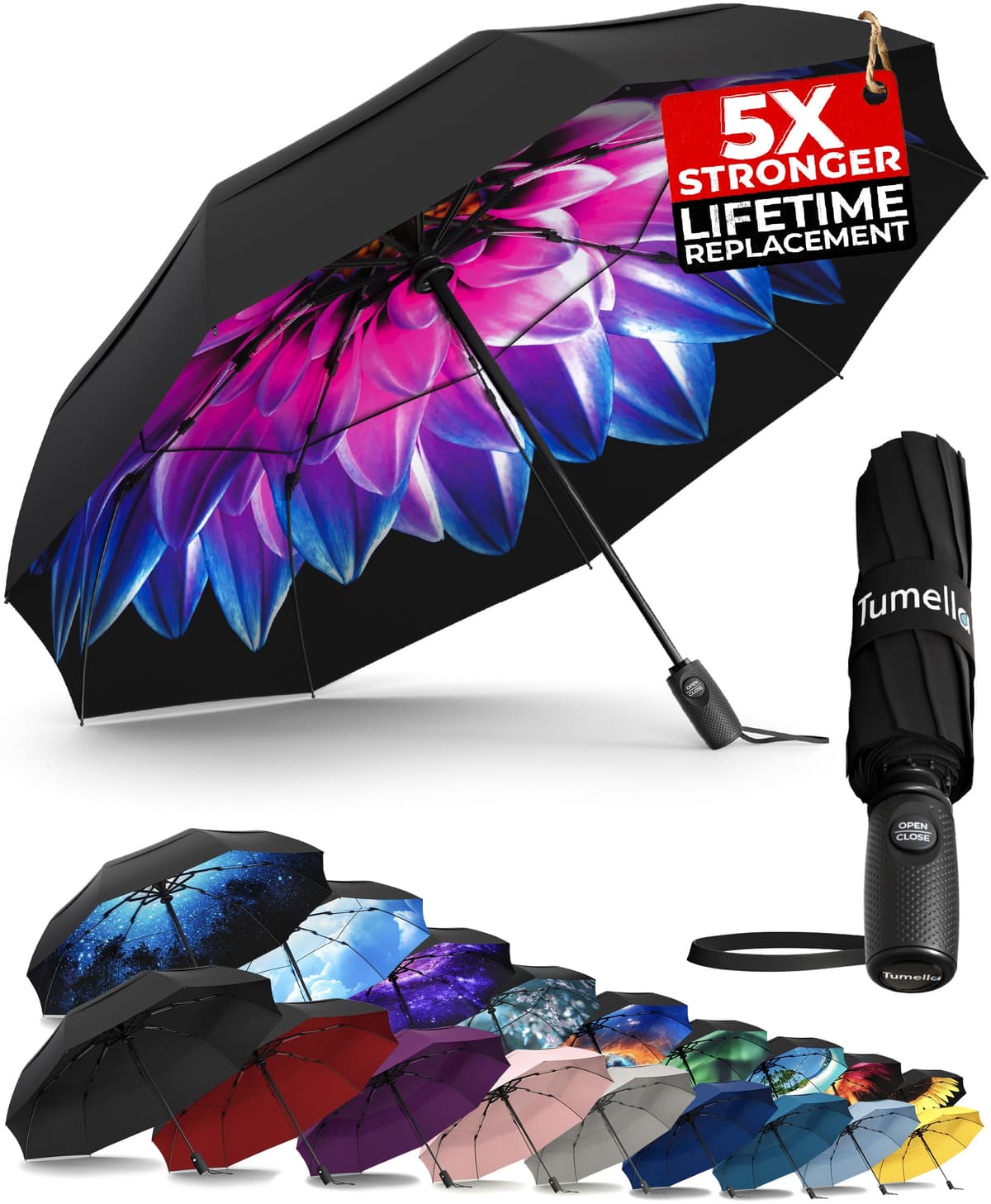 TUMELLA Strongest Windproof Travel Umbrella (Compact, Superior & Beautiful), Small Strong but Light Portable and Automatic Folding Rain Umbrella, Durable Premium Grip, Fits Car & Backpack Black — view 8