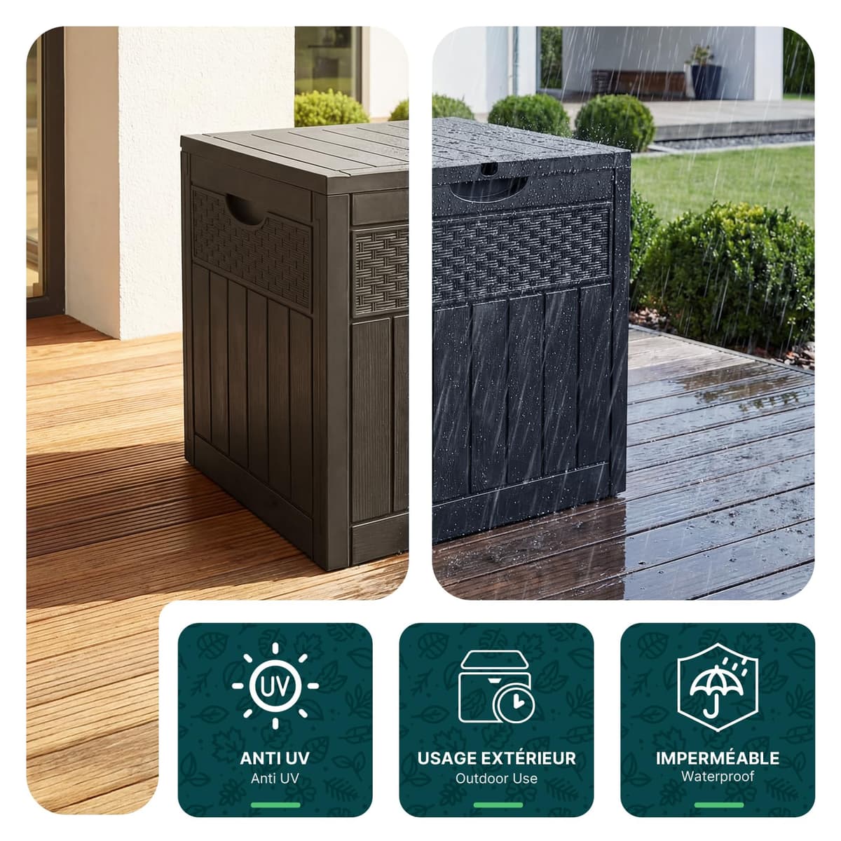 VOUNOT® 126L Outdoor Storage Box with Lid, Lockable Garden Storage Chest, Waterproof Plastic Deck Box for Cushions, Tools & Parcel Delivery, Rattan Effect, Black — view 5