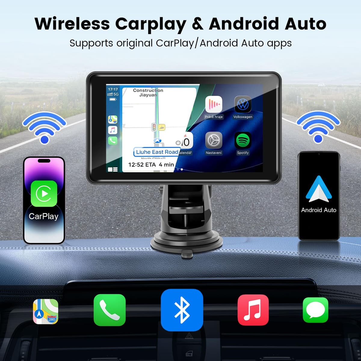 Wireless CarPlay Screen for Car, 7” HD Touch Android Auto Car Play Screen Portable Car Stereo Live Navigation Bluetooth Mirror Link Music, Video, Player Siri, GPS, FM, AUX, AirPlay — view 2