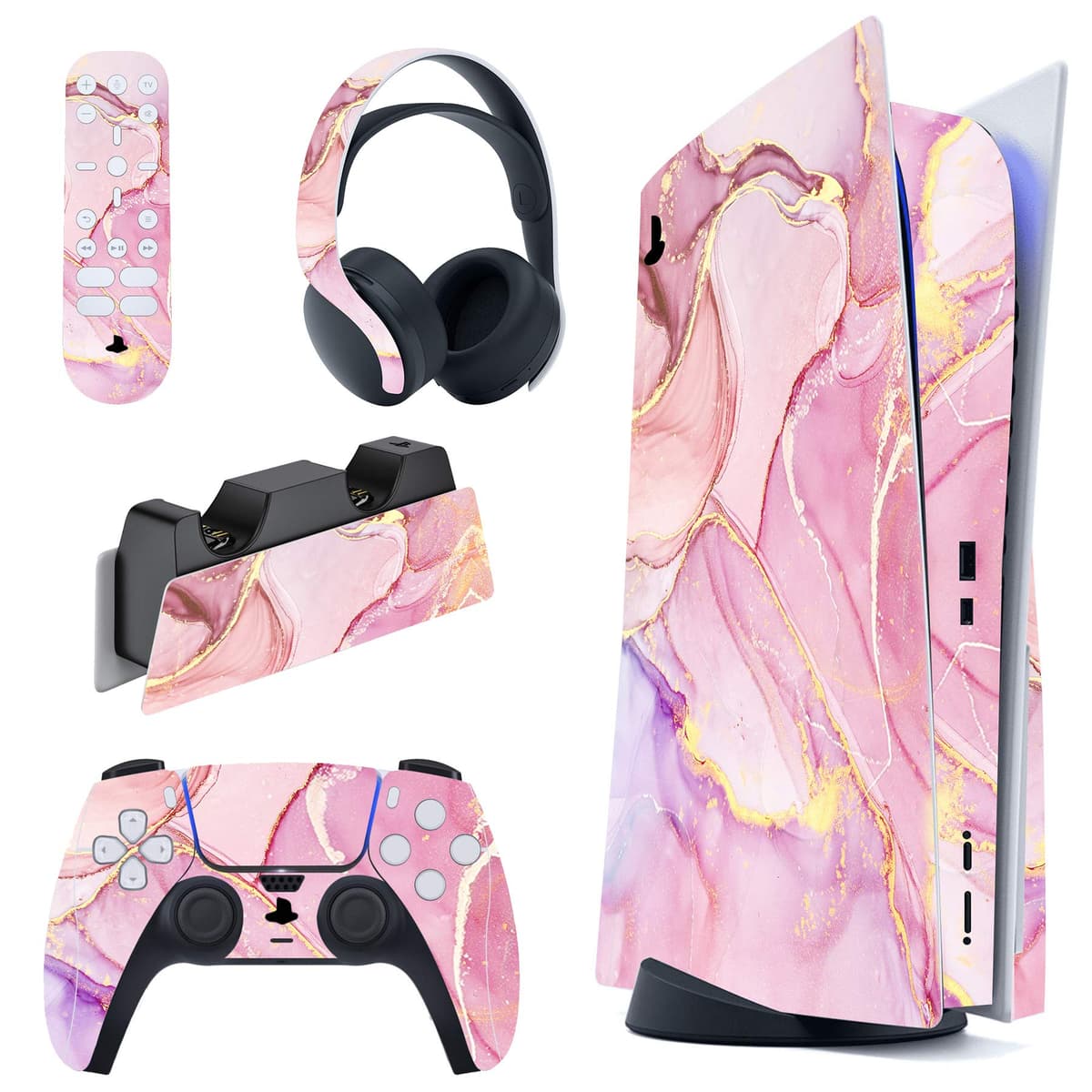 PlayVital Calcomanía Vinilo para ps5 Edición Disc - Pegatina Completa para Consola, Control, Base de Recarga, Control Remoto y Audífonos, Cubierta Protectora Adhesiva(Efecto de Mármol Dorado Rosa)