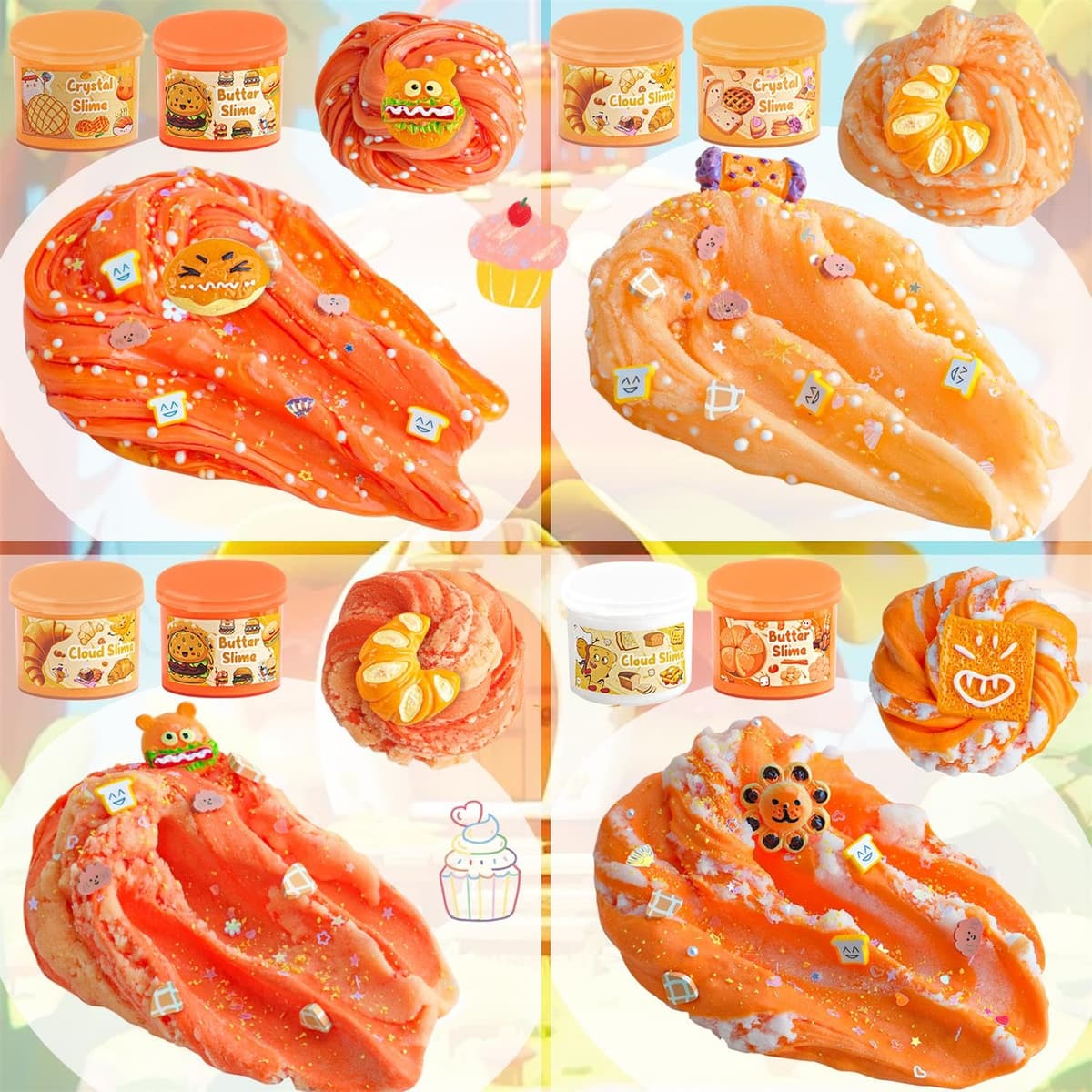 LAWOHO 6 Paquetes de Naranja Slime Kit - Nube, Mantequilla & Claro, Crujiente para Niños con Varios Complementos, Fiesta de Slime para Niñas y Niños, 360ml — view 4