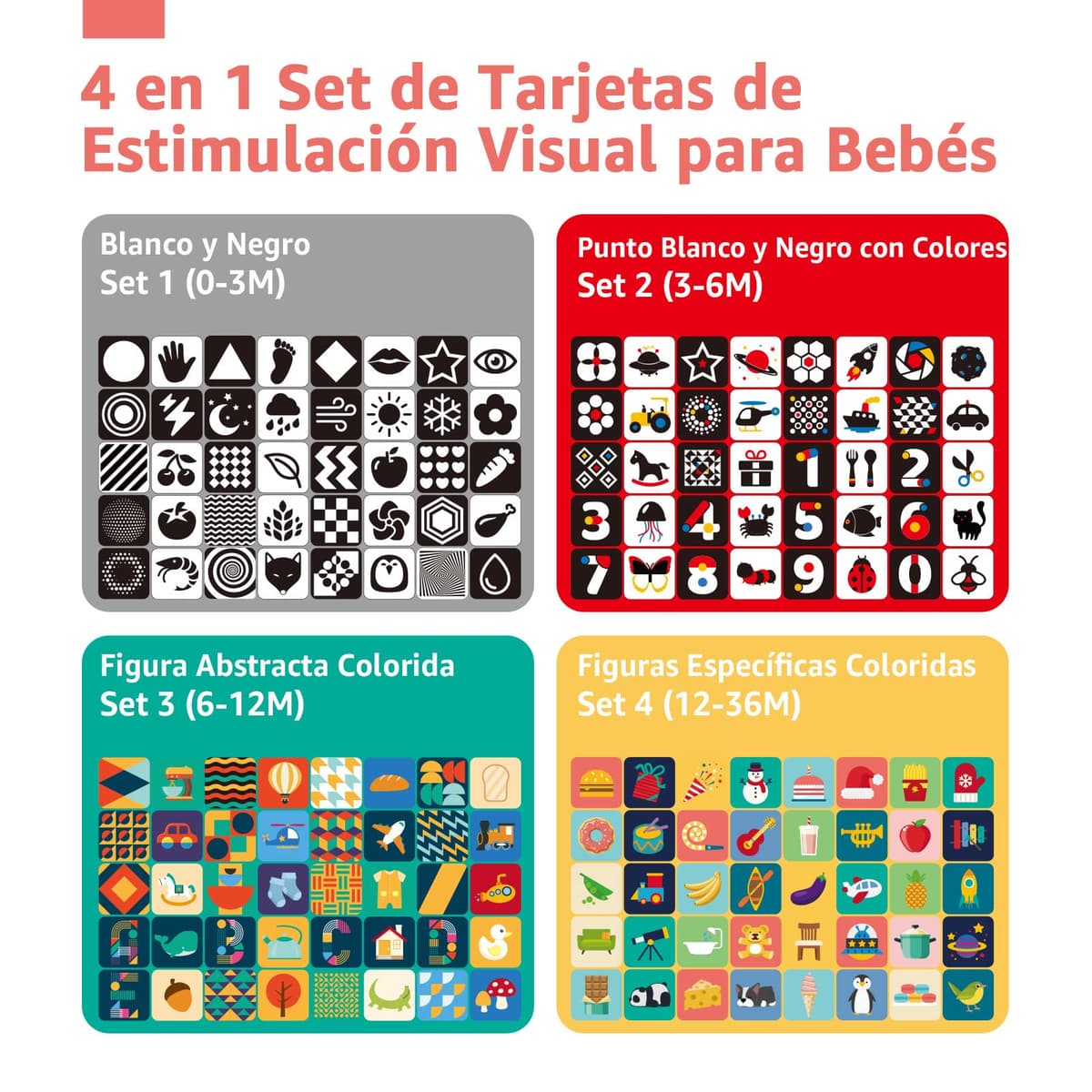 hahaland Flashcards Tarjetas Juguetes Bebes 0 3 6 12 Meses, 80 Piezas Tarjetas Bebe en Blanco y Negro y de Colorida, Tarjetas Estimulacion Visual de Alto Contraste para Bebes 0-36 Meses — view 3