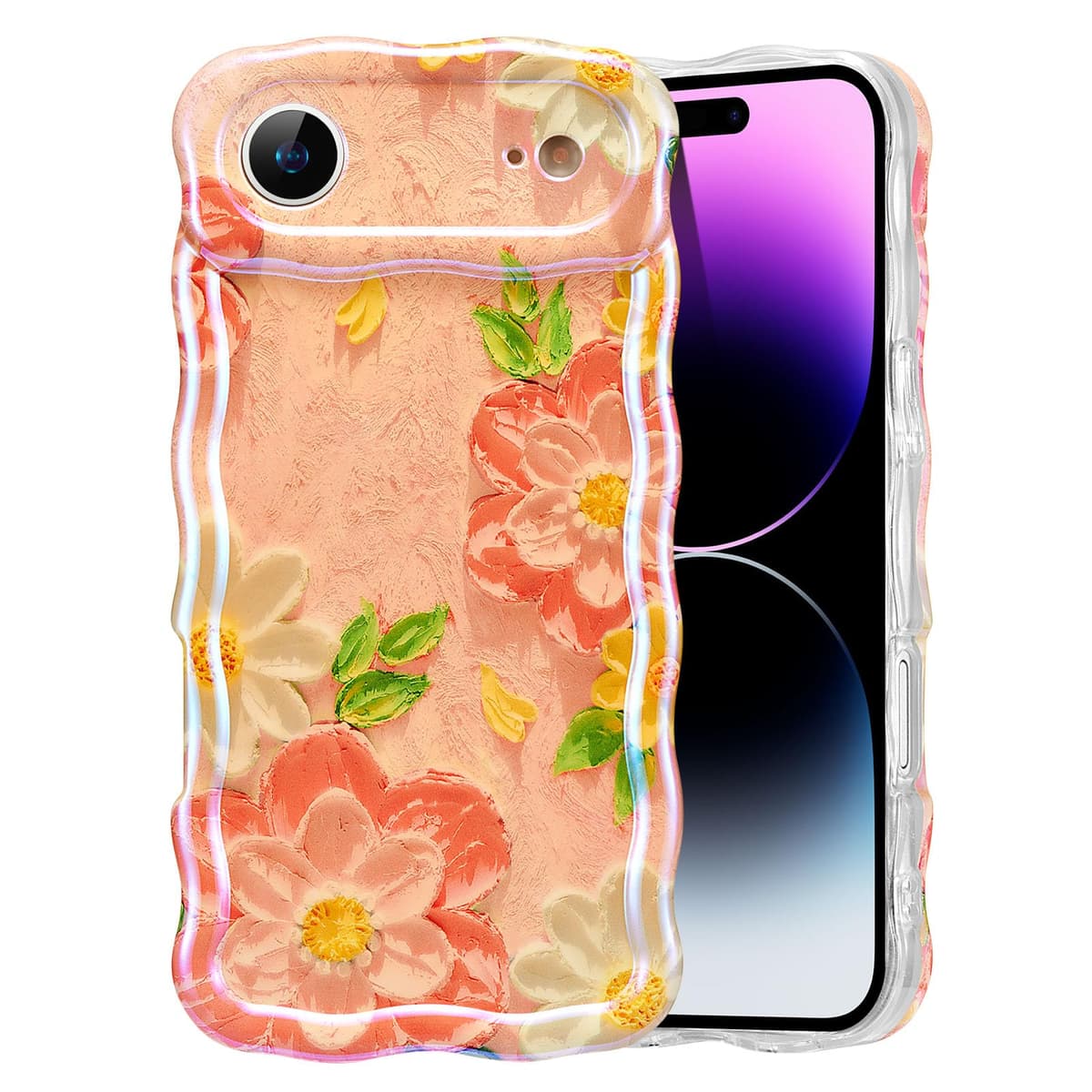 EYZUTAK Case for iPhone 16, Colorful Retro Oil Painting Printed Flower Laser Glossy Pattern Cute Curly Wave Edge Exquisite Phone Cover Stylish Durable TPU Protective Case for Girl Women-Green — view 103