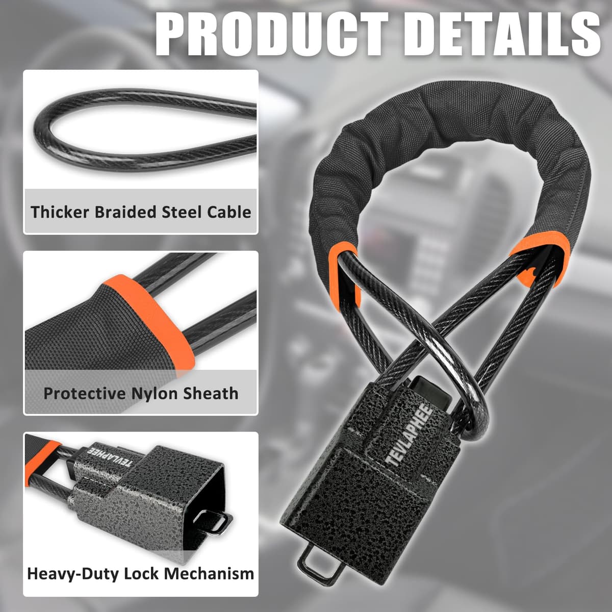 Tevlaphee Upgraded Steering Wheel Lock, Seat Belt Lock, Metal Head, High Visibility Car Lock Anti-Theft Device, Heavy Duty, Universal Fit for Car, SUV, Pickup, Jeep, Van, RV, 3Keys(Black) — view 4