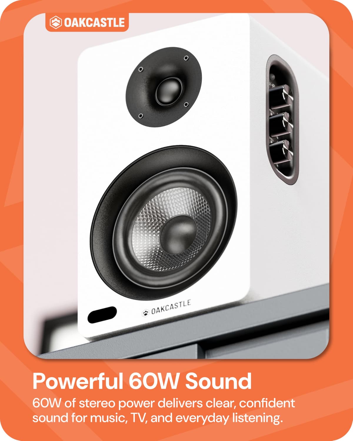 Oakcastle BK100 Active (White) Bookshelf Speakers | 2.0 Stereo System | 60W Output | Bluetooth 5.4, USB Playback | AUX, HDMI ARC & Optical | Gaming Speakers for PC Desktop — view 2