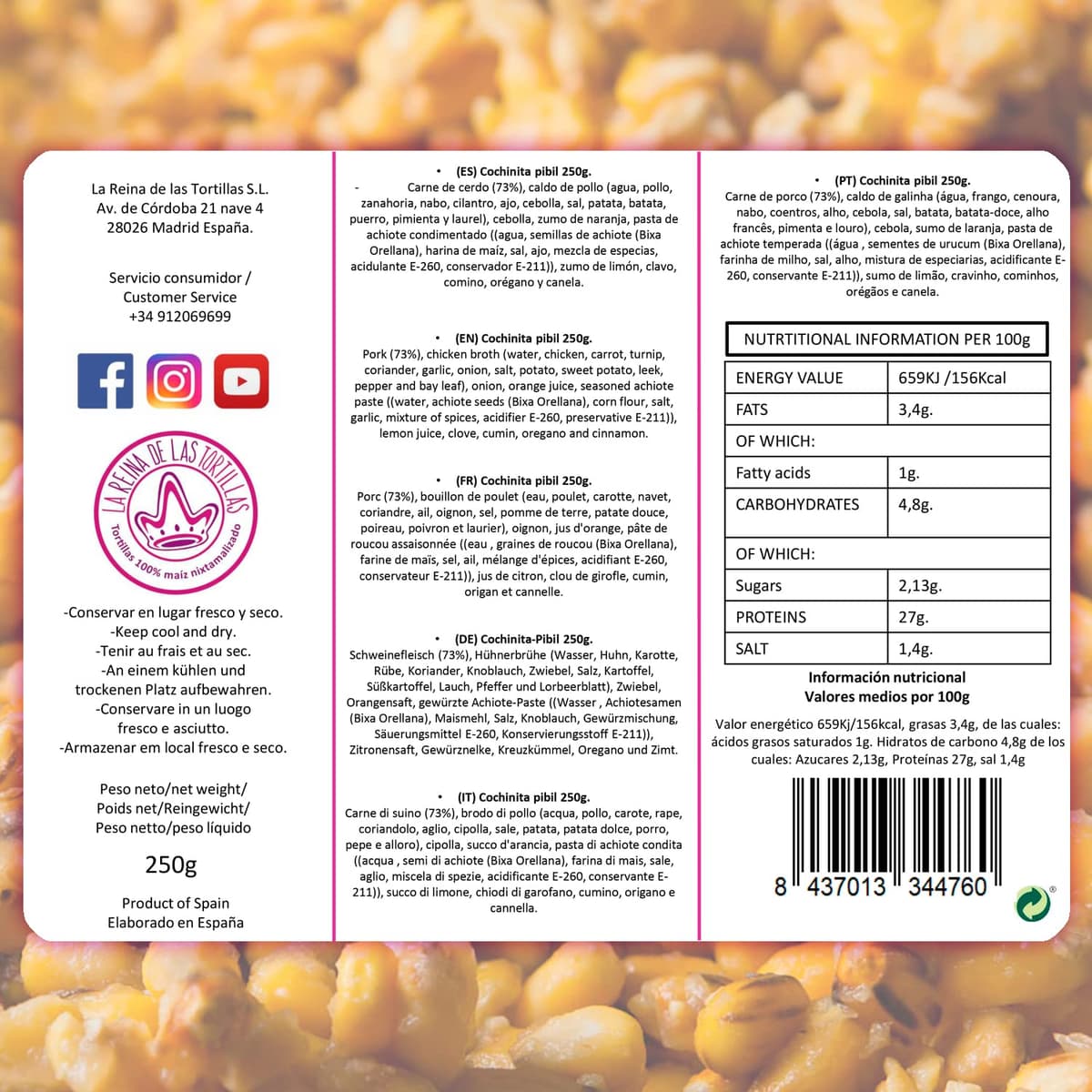La Reina de las Tortillas - Líder europeo en gastronomía artesanal mexicana - Cochinita pibil. Plato tradicional de la península de Yucatán listo para calentar y servir. 250g. 6 raciones aprox — view 2