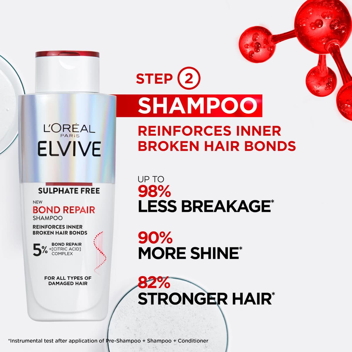 L'Oréal Paris Shampoo For Damaged Hair Repair, Elvive Bond Repair Sulphate-Free With Citric Acid Complex, Restores Original Strength, 90% More Shine And 82% Stronger, Targets Hair Bonds Broken By Heat — view 2