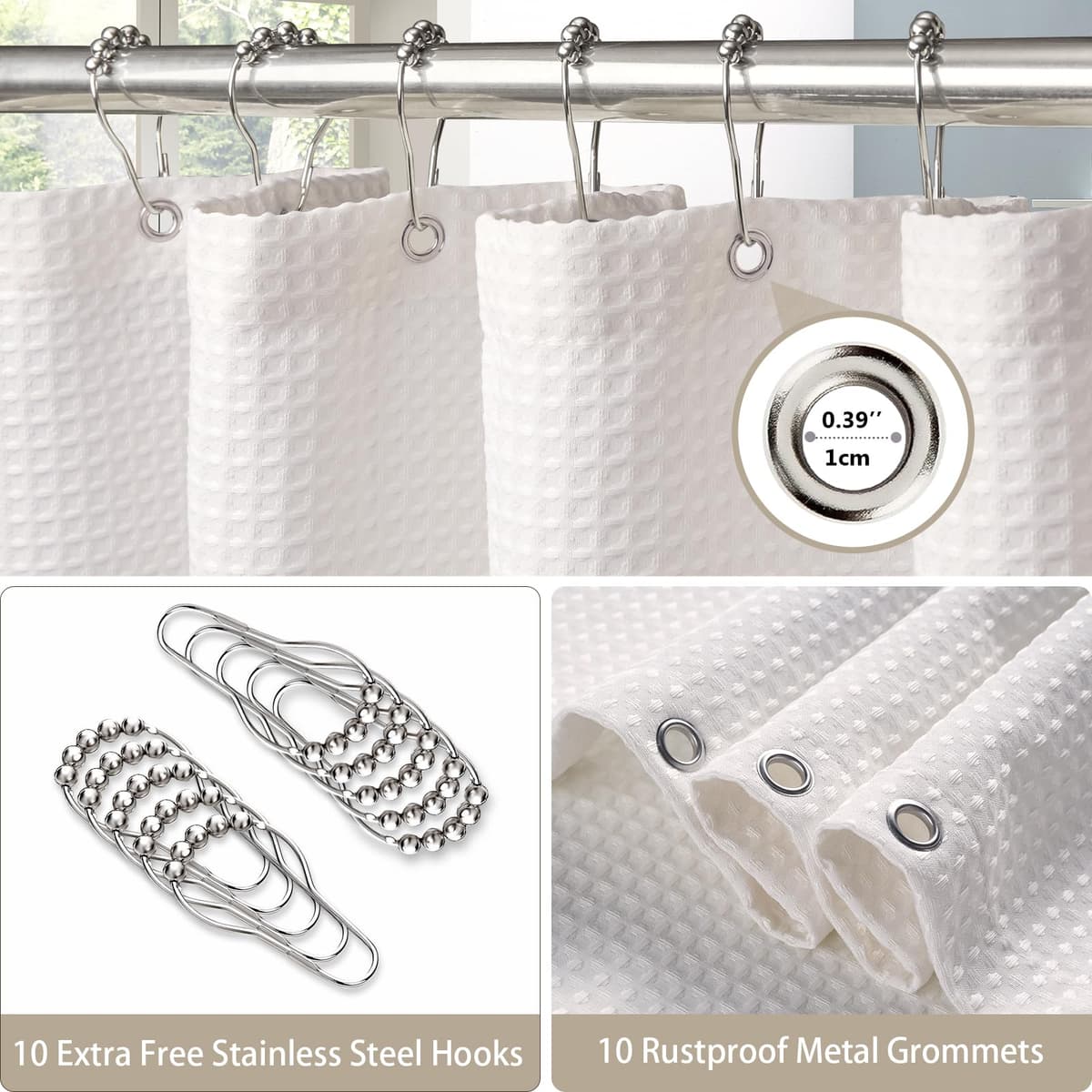 Cortina de Ducha para Baño Impermeable con Ganchos de Metal Cortina de Ducha de Tela Waffle Cortina de Baño Resistente y Antimoho para Bañera o Cabina - 152 x 182 cm (Blanco) — view 4