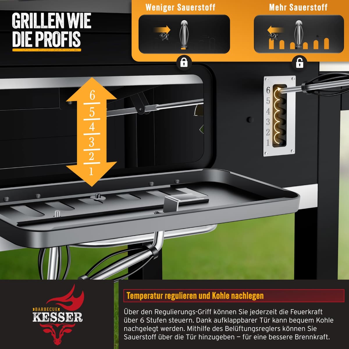 KESSER® Parilla de Carbón con Carrito Grill con Tapa, Ruedas, Mango de Acero Inoxidable | Barbacoa y Termómetro Carbón Grande BBQ Asador Camping, Terraza, Jardín XXL Negro — view 5