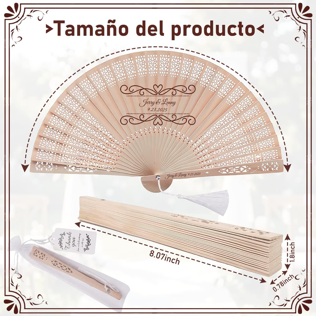 Abanicos Personalizados para Invitados de Boda, abanicos de Madera para Bodas con Texto/diseño Grabado, Paquete de abanicos Plegables con Bolsa de Organza y Borla, Eventos y decoración (20piezas) — view 5