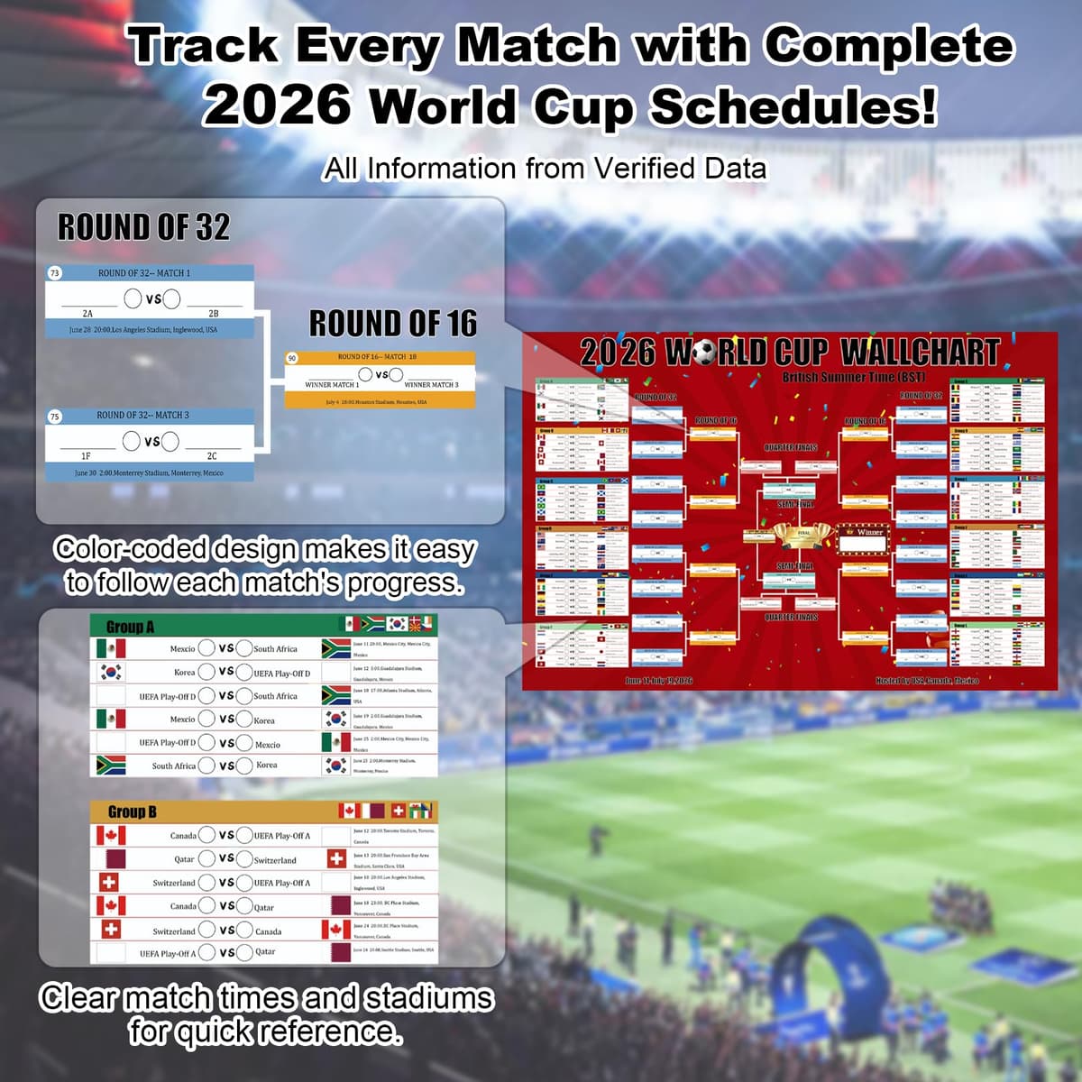 Flankor Extra Large World Cup Wall Chart 2026, 100×70cm World Cup Football 2026 Schedule Poster, Football Party Decorations for Home Office Bar Club Decorations Great Gifts for Soccer Fans — view 4