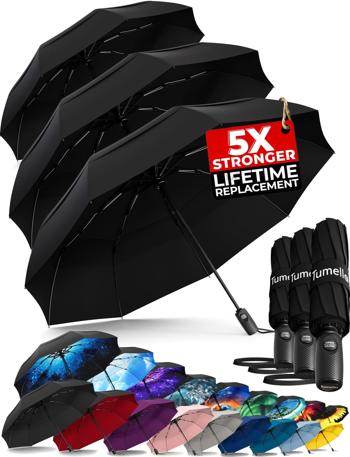 TUMELLA Strongest Windproof Travel Umbrella (Compact, Superior & Beautiful), Small Strong but Light Portable and Automatic Folding Rain Umbrella, Durable Premium Grip, Fits Car & Backpack Black — view 12