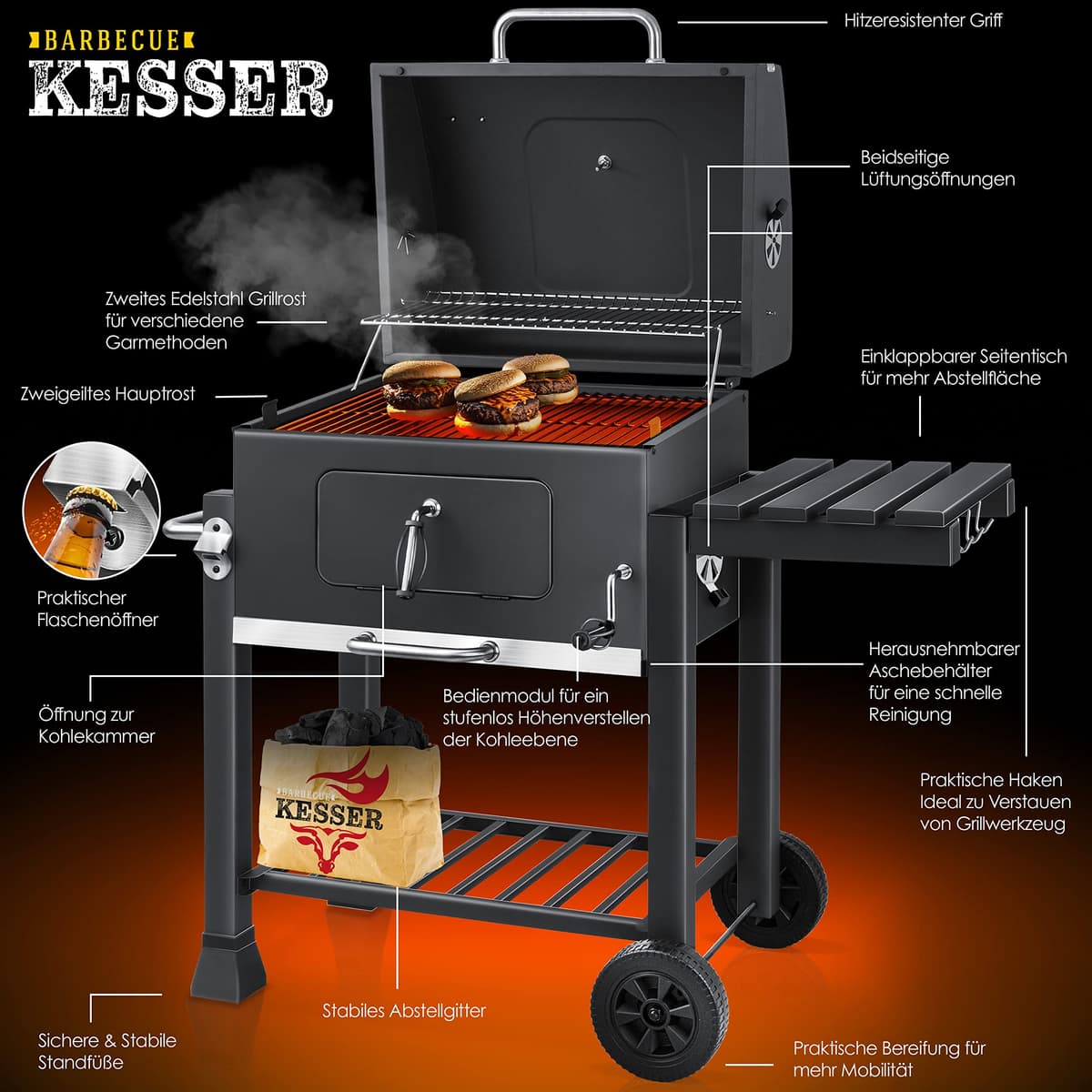 KESSER® Parilla de Carbón con Carrito Grill con Tapa, Ruedas, Mango de Acero Inoxidable | Barbacoa y Termómetro Carbón Grande BBQ Asador Camping, Terraza, Jardín XL Gris — view 3