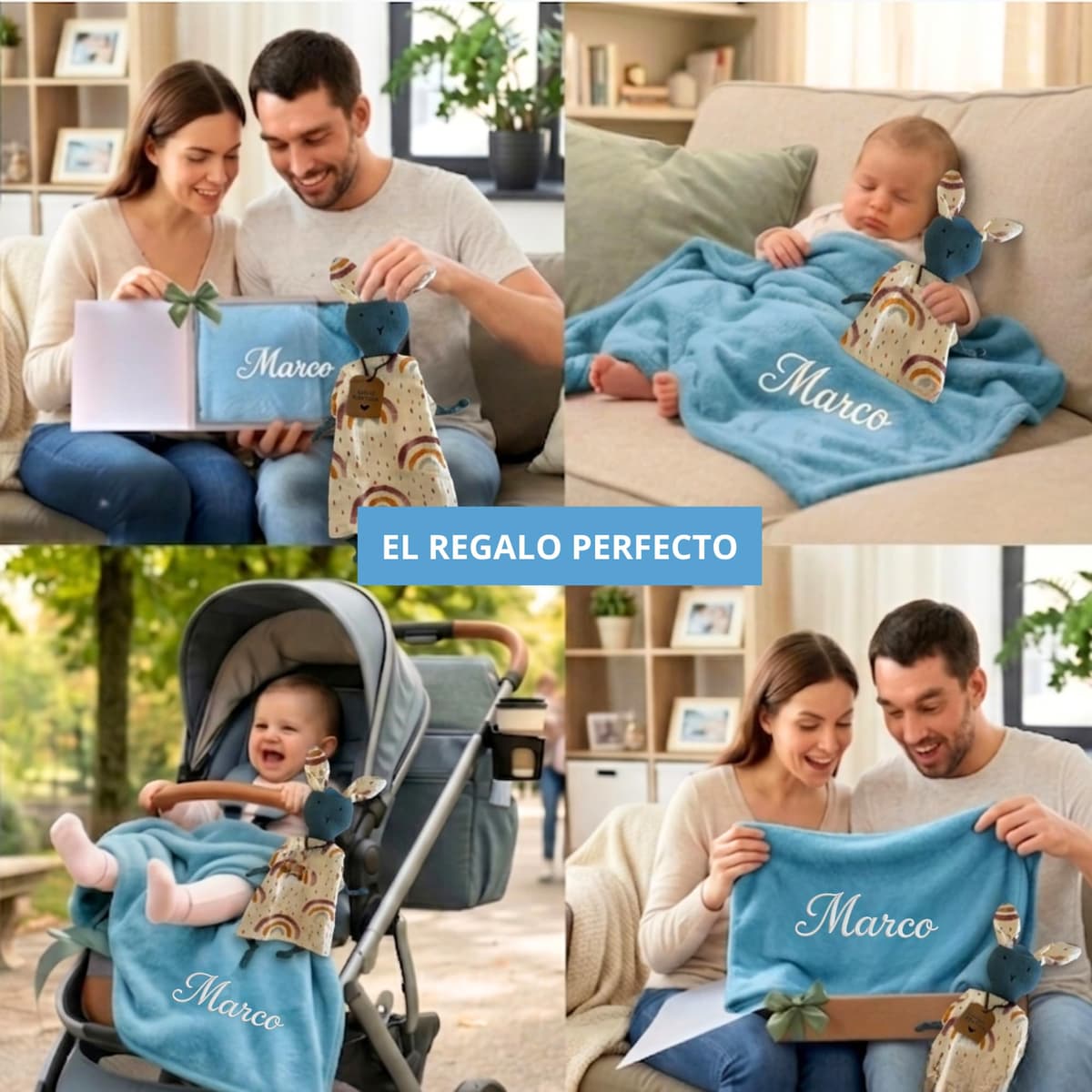 Manta Bebé Personalizada Nombre Bordado + Dou-Dou 100% Algodón - Fina y Ligera para Verano. Regalo Recién Nacido Niño Niña - Manta Suave y Peluche - Regalo Padres y Mamás Primerizas (Azul) — view 3