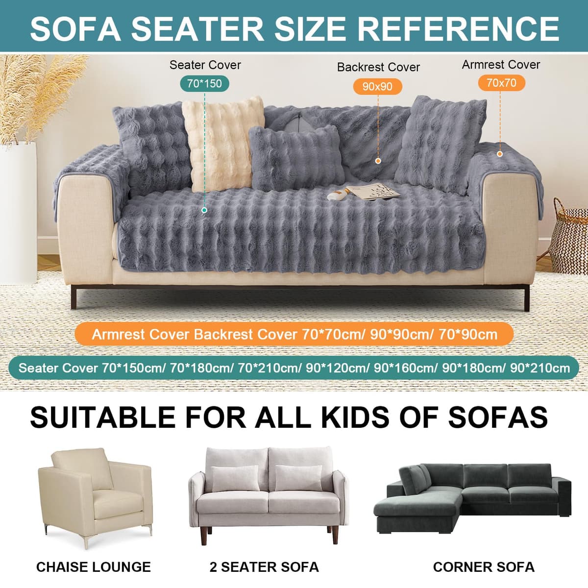 SHANNA Thick Rabbit Plush Sofa Cover 1 2 3 Seater, New Universal Non-Slip Corner Sofa Cover L Shape Super Soft Faux Fur Sofa Slipcovers for Living Room(Grey, 70 * 180cm Seater Cover) — view 3