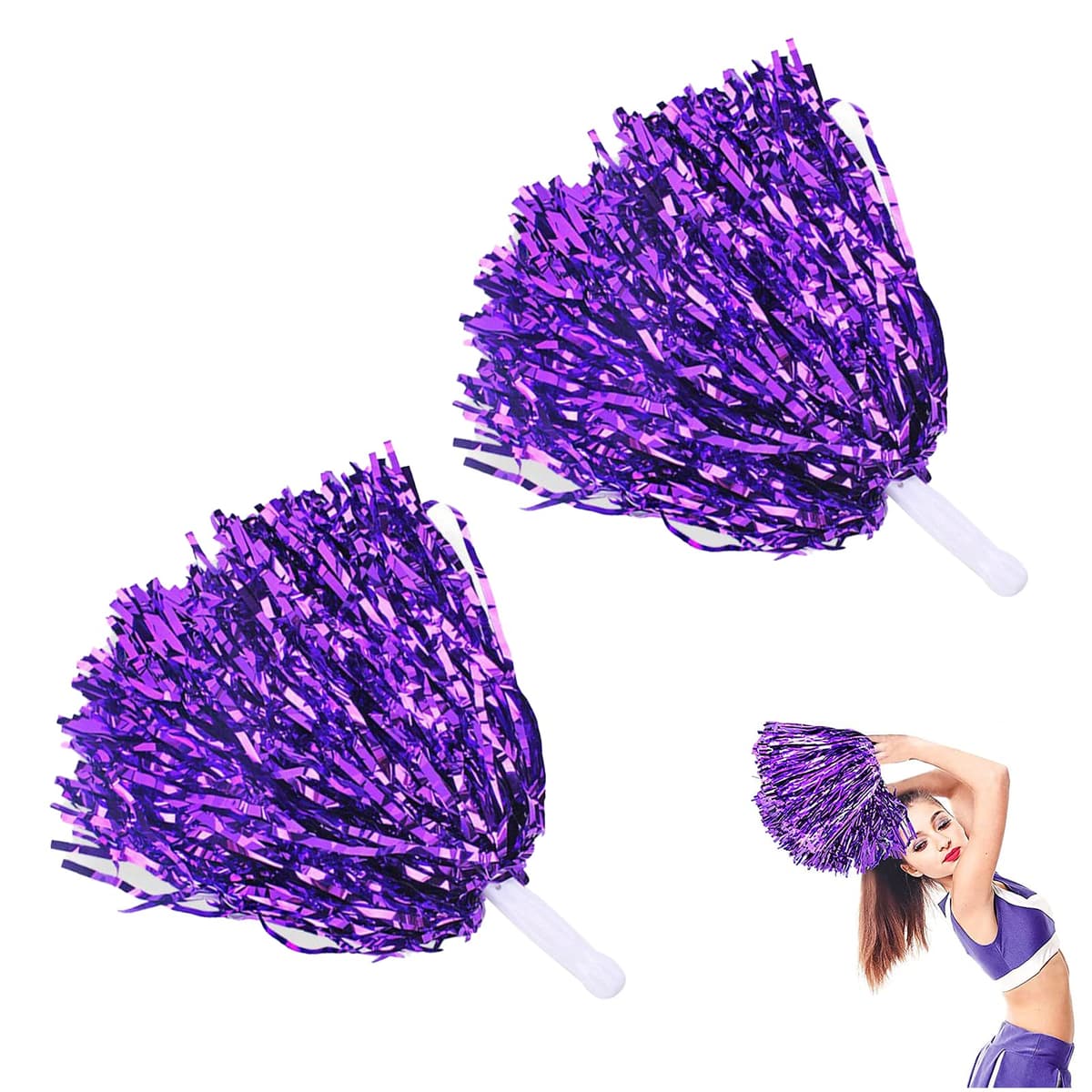 Pompones de porristas de lámina metálica, mango de palo de porristas, pompones de porristas flores de mano con asa, pompones se utilizan para juegos de pelota, bailes, fiestas de carnaval, fanáticos