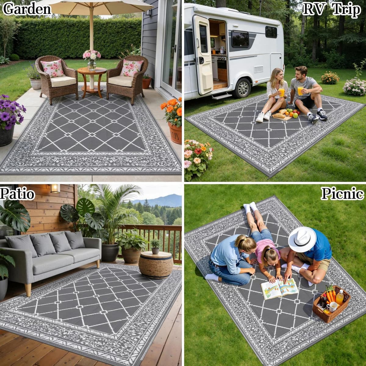SHACOS Outdoor Rug for Patios Waterproof 240x300 cm Reversible Garden Rug Patio Rugs UV Resistant Foldable Outdoor Carpet Mat Plastic Straw Rugs for Balcony Decking Camping Beach, Grey — view 5