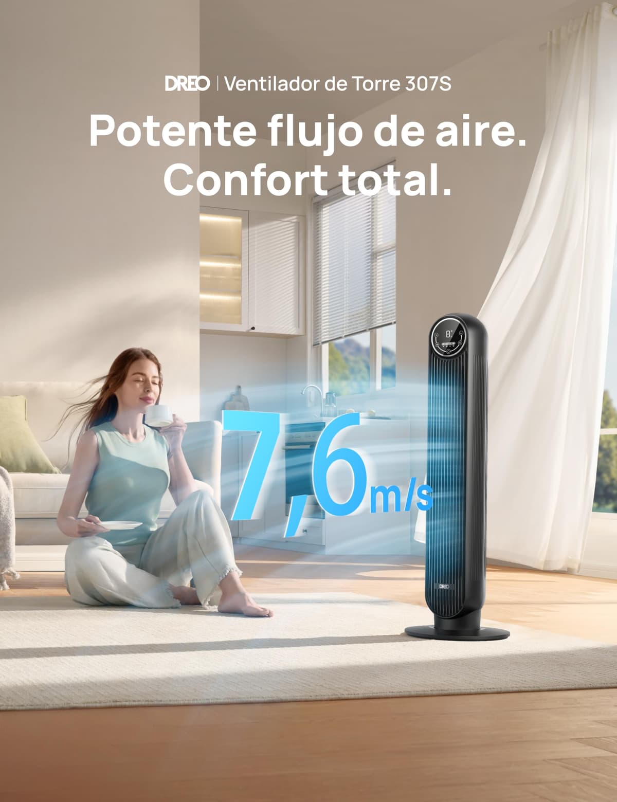 Dreo ventilador de pie silencioso, ventilador de torre con velocidad de 7,6 m/s, 4 velocidades, rotación de 90°, temporizador de 8 horas, pantalla LED y mando a distancia incluido. negro. Alexa — view 2