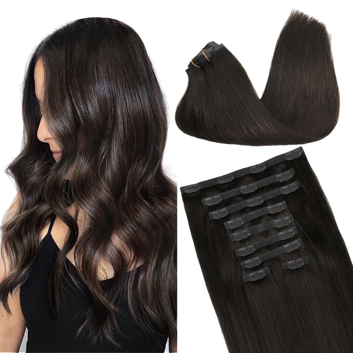 GOO GOO Clip in Hair Extensions Human Hair, 18inch 150g 9Pcs, #2 Dark Brown, Hair extensions for women, Human Hair Extensions Clip in — view 249