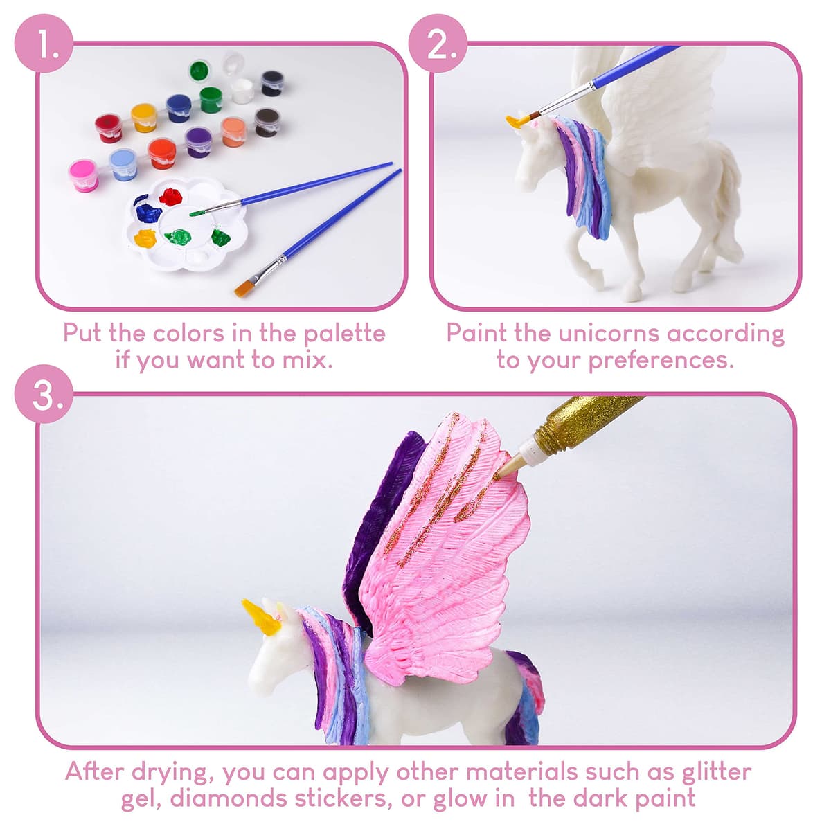 BONNYCO Unicornios para Niñas Figuras para Pintar Kit con 18 Unicornios. Set Manualidades Niñas, Juguetes con Brillo en la Oscuridad 3 4 5 6 7 8 9 10 Años. Regalos Niños en Cumpleaños y Navidad — view 3