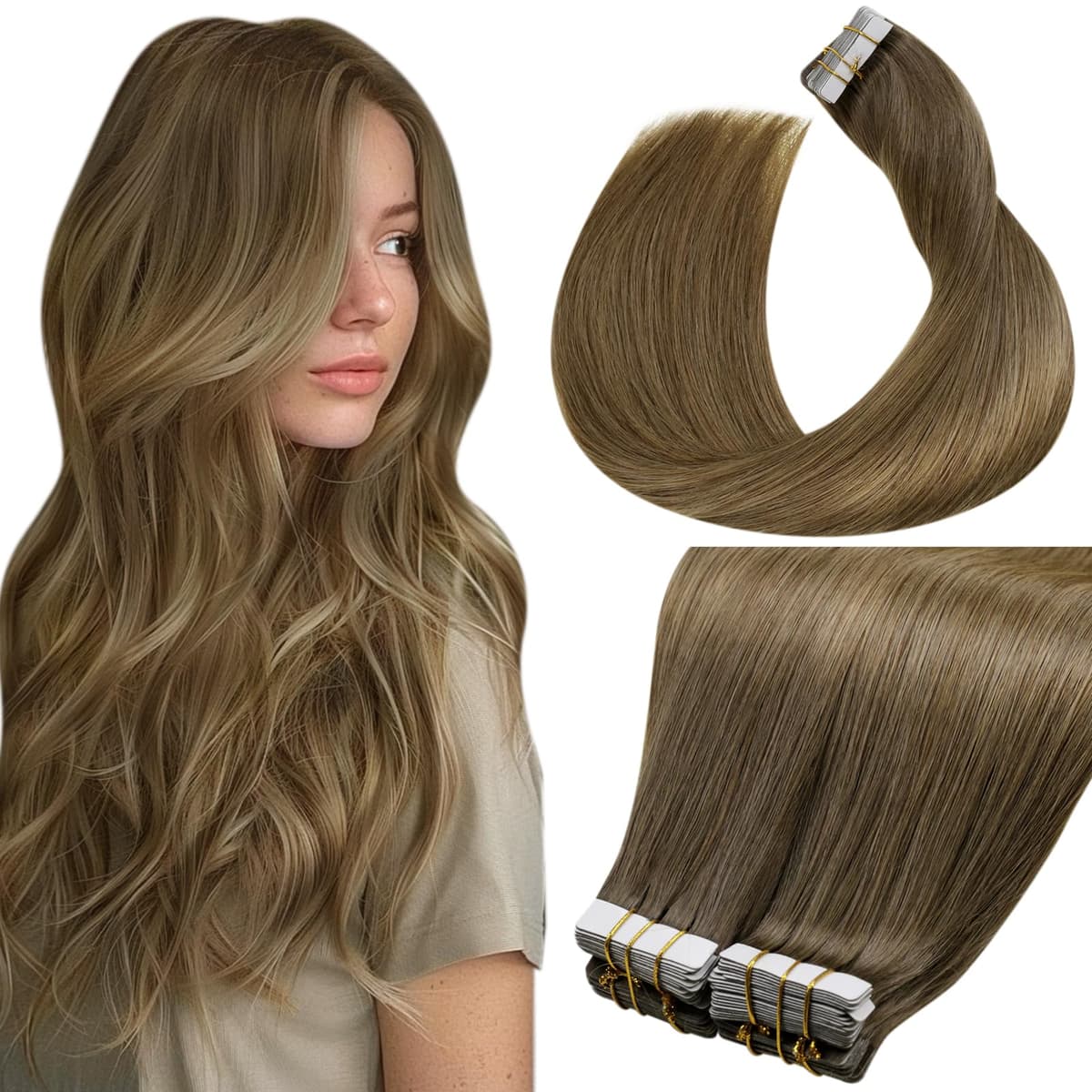 LaaVoo Tape in Hair Extensions Human Hair Blonde Tape Hair Extensions Real Human Hair Invisible Tapes Remy Straight Balayage Brown to Blonde Hair Double Sided Tabs 20pcs 50g 16 Inch #8/18/60 — view 141