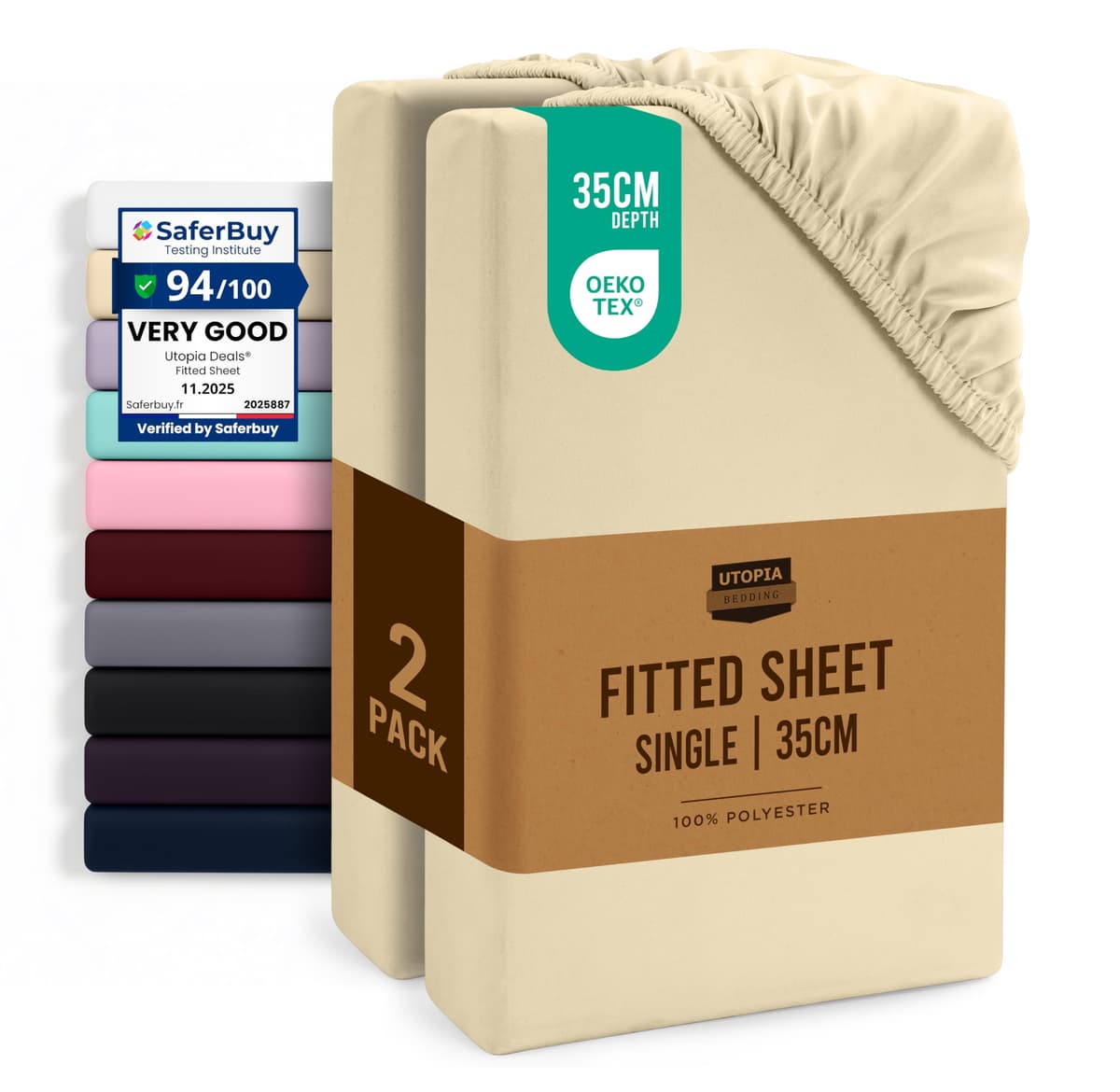 Utopia Bedding Fitted Sheet Single (2 Pack), White - Deep Pocket 14 inch (35 cm) - Oeko Tex Certified - Easy Care - Soft Brushed Microfibre Fabric - Shrinkage and Fade Resistant - Bottom Sheet — view 34