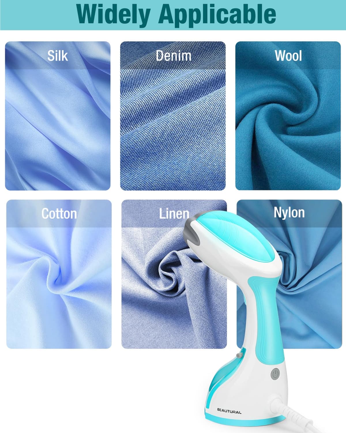 BEAUTURAL Clothes Steamer, Portable Handheld Steamer, Garment Fabric Wrinkles Remover, 30-Second Fast Heat-up, Auto-Off, Large Detachable Water Tank, Azul — view 5