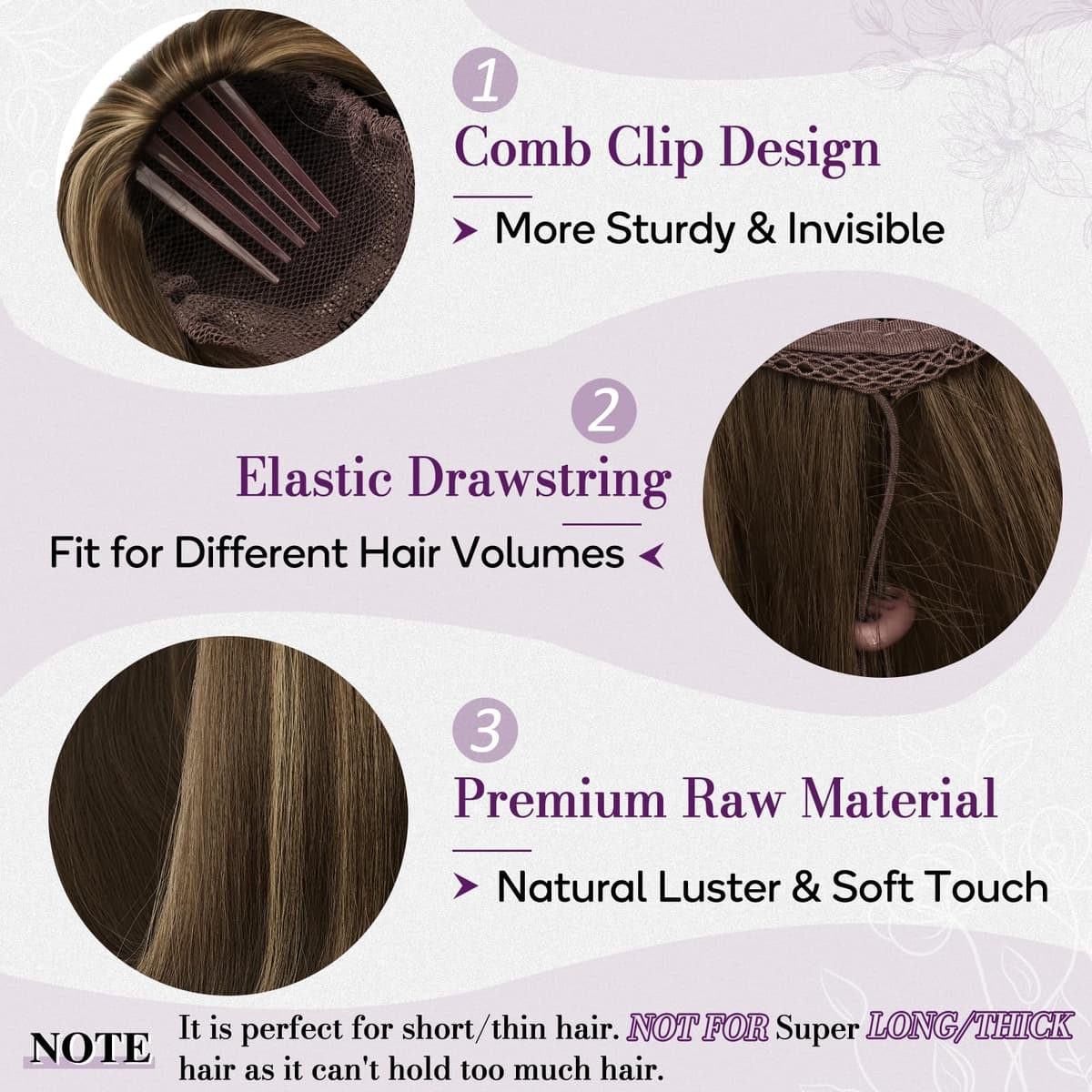 BARSDAR Straight Drawstring Ponytail Extension - 16 Inch Short Straight Ponytail Extension Natural Soft Synthetic Cheer Posh Pony Tails Hairpieces Daily Party Cheer Competition, Brown with Blonde — view 3