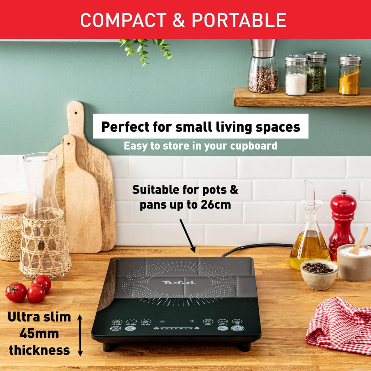 Tefal Slim Portable Induction Hob, Compact, 2100 W Power, 6 functions, Electric, Slim, Black, Easy To Clean, Black Modern Design, Cooker, Kitchen, Party IH210840 — view 4