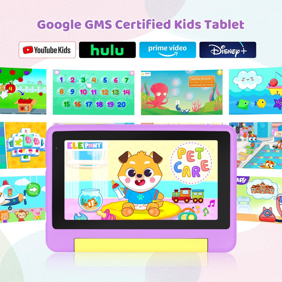 Whitedeer 2026 Latest Kids Tablet, 7 inch Tablet for Kids 3-7 Ages 8GB RAM +64GB ROM, Android 13, Parental Controls, Dual Camera, Wi-Fi, Bluetooth, Type-C, Impact Resistant Case, Gift,Purple — view 2