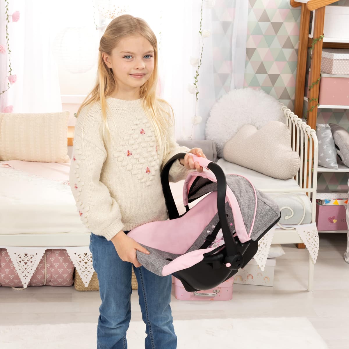 Bayer Design 67933Aa, Silla de Coche Easy Go, Accesorios, Asiento Para Bebé Muñeco, Gris, Rosado, Mariposa, Color Rosa — view 2