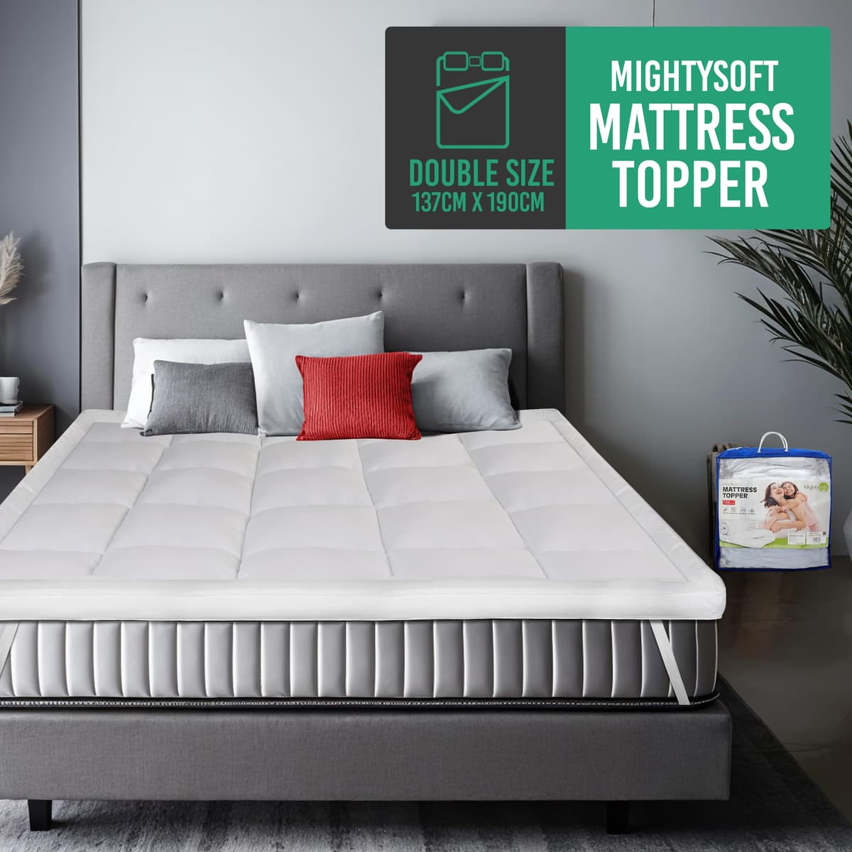 MightySoft Mattress Topper Double Bed 10cm, Extra Deep Quilted Microfiber Topper for Cloudlike Comfort with Extra Warmth & Breathable Support, Fluffy Design with Secure Elastic Straps for Better Sleep — view 2