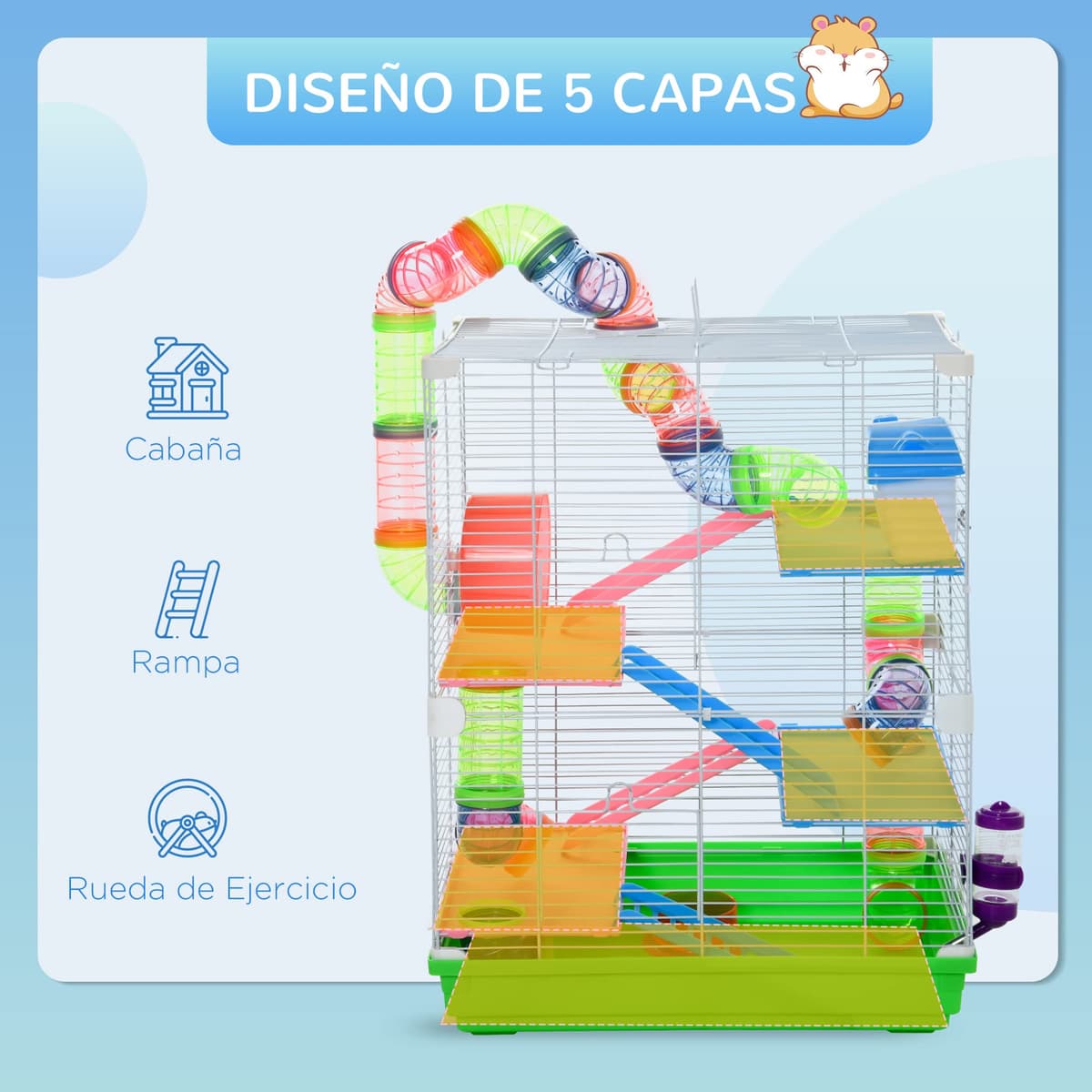 PawHut Jaula para Hámster de 5 Niveles, Casa para Roedores Pequeños con Túnel, Plataformas, Cuenco, Bebedero, Casita, Rampas y Rueda de Ejercicio, para Jerbos, 46x30x58 cm, Verde — view 5