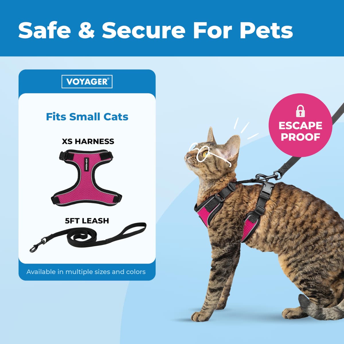 Voyager Escape Proof Cat Harness and Leash set with Reflective Stitching, Neoprene Handle 5ft - Supports Small, Medium and Large Cats, Kittens for walking by Best Pet Supplies - Black Trim-Fuchsia, XS — view 2