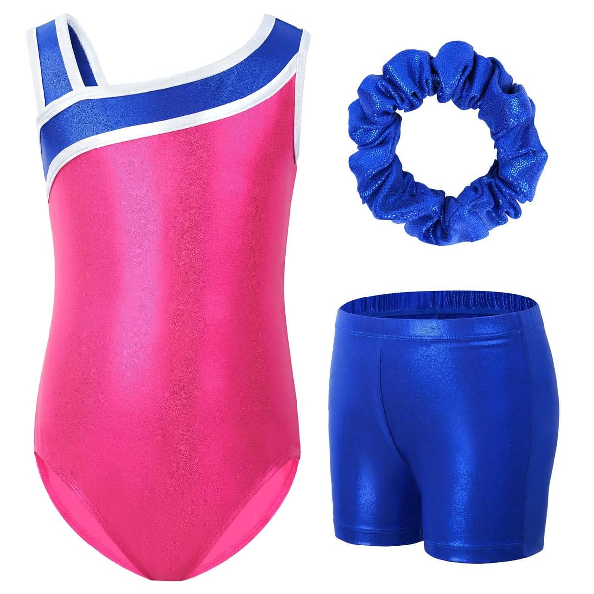 Gogokids Conjunto de gimnasia de tres piezas para niña, cuello en Y, sin mangas, con pantalones cortos y diadema, traje de gimnasia con diseño de bloques de color azul y morado, 3-12 años — view 38