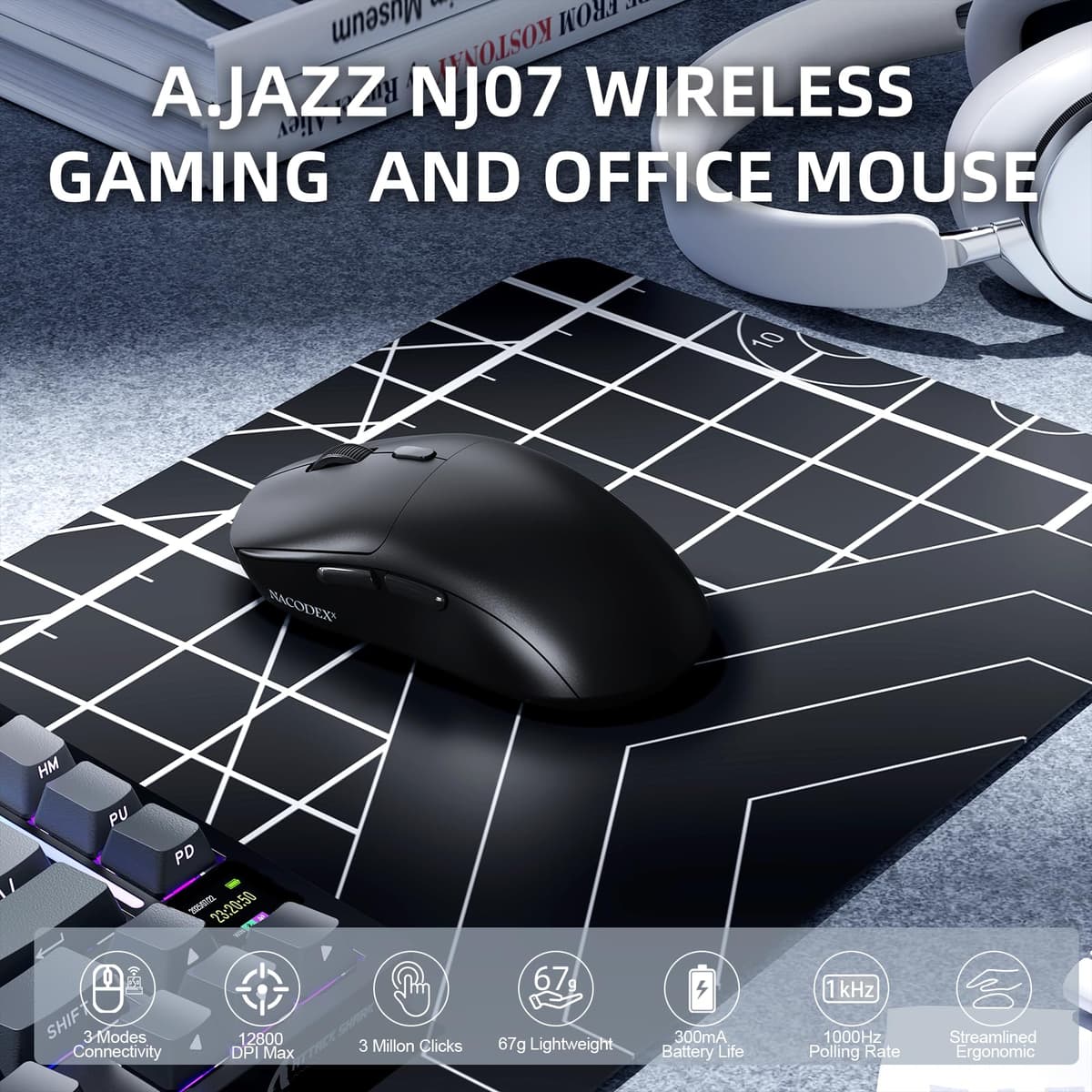 A.JAZZ NJ07 SUPERLIGHT Wireless Computer Mouse, BT/2.4G/USB-C, 67g Lightweight, 12800 DPI, 300mAh Battery, 1K Polling Rate, Streamlined Ergonomic, Cordless Silent Gaming Office Mice for PC/Mac-Black — view 2