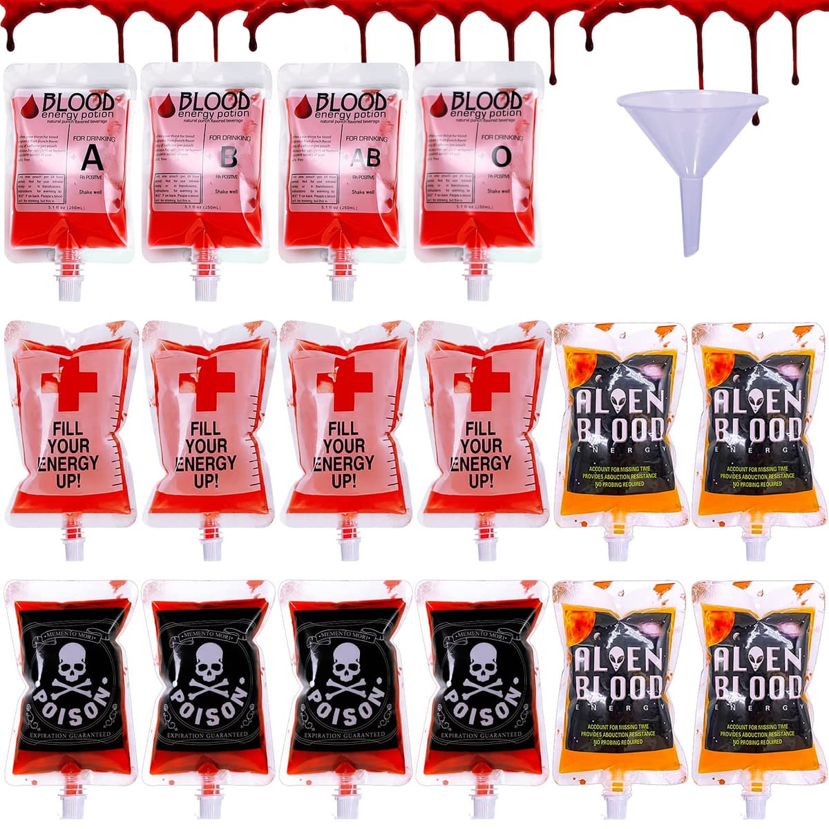 Bolsa de Sangre, 16 Piezas Bolsa de Sangre de Halloween, con un Embudo, Vacías Bolsas de Bebida, para Disfraz de Halloween Suministros Fiesta Temática de Zombis Fiesta de Vampiros