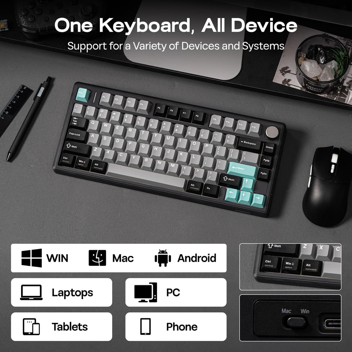EPOMAKER TH80 V2 75% Kabellose Mechanische Gaming-Tastatur, 8000mAh&2,4G/BT, Hot-Swap, Mac Modifier, RGB, Programmierbare Tasten & Knopf, Creamy Tastatur für Mac/PC (Schwarz, Creamy Jade) — view 6