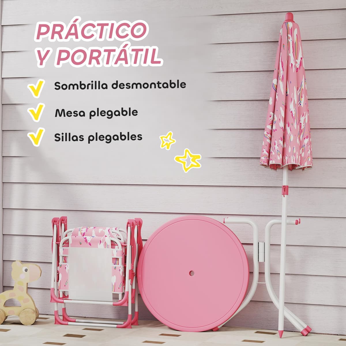 AIYAPLAY Conjunto de Mesa y Sillas Infantil de Jardín de 4 Piezas, Mesa Infantil con Sillas Plegables, Sombrilla Desmontable, Diseño de Unicornios y Arcoíris, para Patio, Pícnic, Rosa — view 4