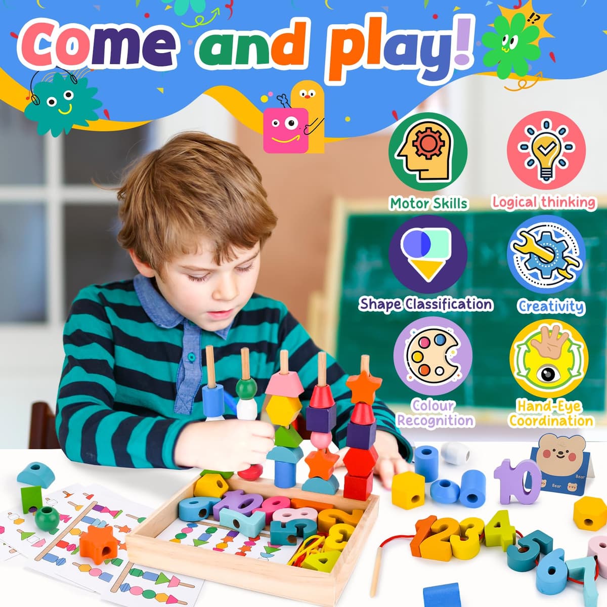 Wooden Montessori Toys Educational Games,4 in 1 Montessori Stacking and Threading Wooden Games,Educational Games Children 2 3 4 Years,Gifts for Boys Girls 1 2 3 Years Old — view 3