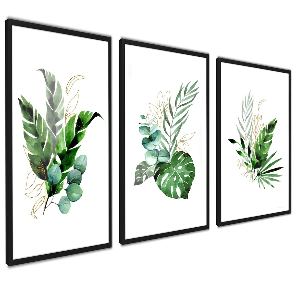 ag.art deco Pictures for Living Room | 30x40 cm Framed Wall Art | Posters with Black Frame | Canvas Wall Art for Hallway and Stairs | Room Decor | Set of 3 Artwork (Green Botanical 1)