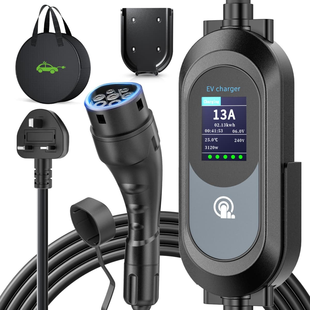 EV Charger Cable Type 2 to 3 Pin Plug 8M/26.25Ft, Max 3.3kW [6-13A] Electric Car Charger, Portable Car Type 2 Charging Cable 3 Pin with 2.4″ LED Screen, 12H Timing Delay, IP67/IP65 for EVs & PHEVs