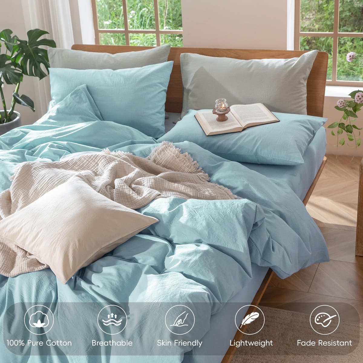 MooMee Bedding Duvet Cover Set 100% Washed Cotton Linen Like Textured Breathable Durable Soft Comfy (Tannish Linen Grey, King) — view 44